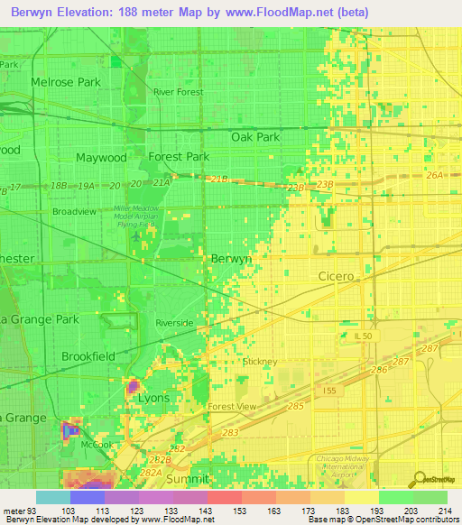 Berwyn,US Elevation Map