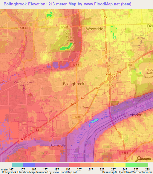 Bolingbrook,US Elevation Map