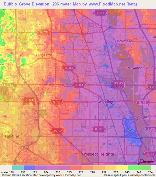 Buffalo Grove,US Elevation Map