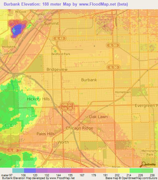 Burbank,US Elevation Map