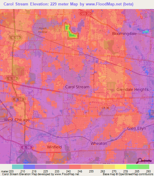 Carol Stream,US Elevation Map