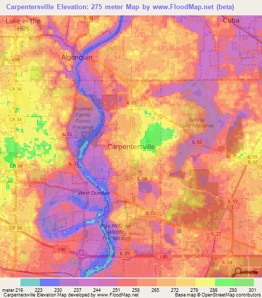 Carpentersville,US Elevation Map