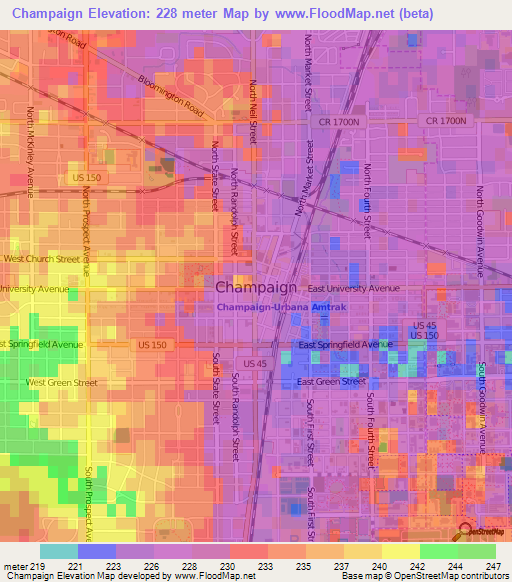 Champaign,US Elevation Map