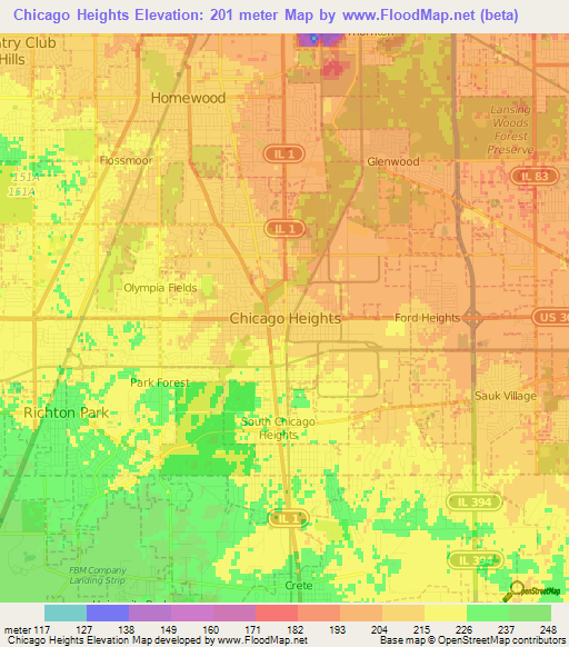 Chicago Heights,US Elevation Map