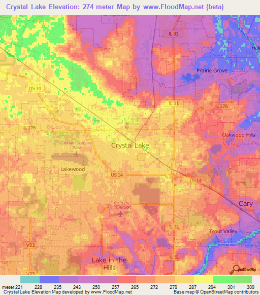 Crystal Lake,US Elevation Map