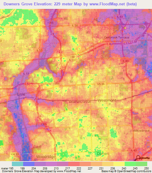 Downers Grove,US Elevation Map