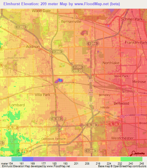 Elmhurst,US Elevation Map