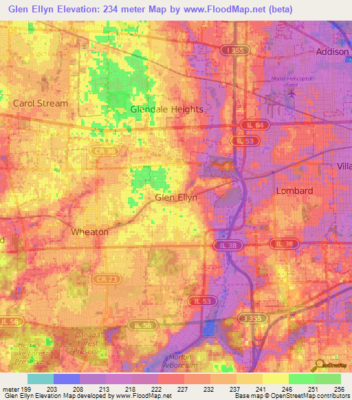 Glen Ellyn,US Elevation Map