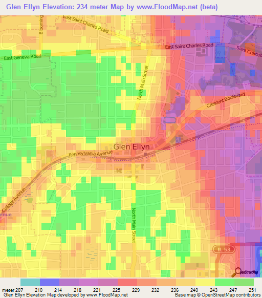 Glen Ellyn,US Elevation Map