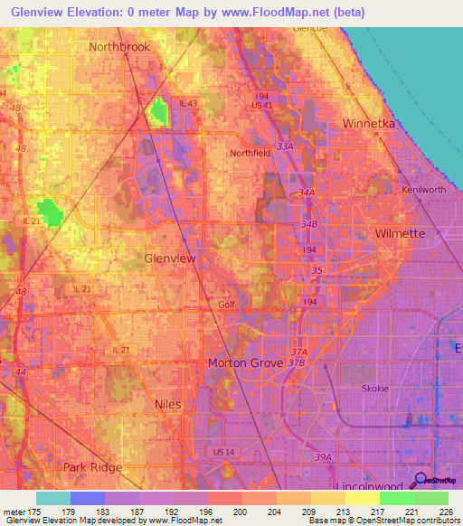 Glenview,US Elevation Map