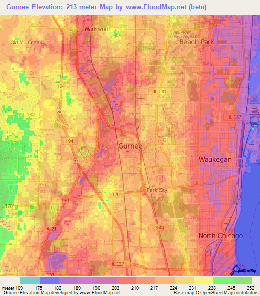 Gurnee,US Elevation Map