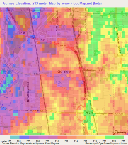 Gurnee,US Elevation Map