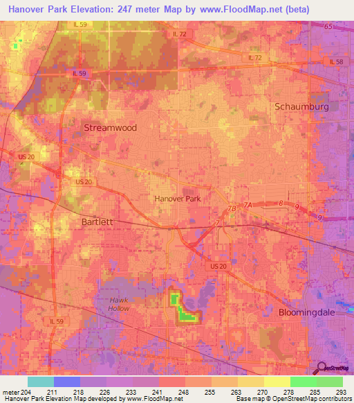 Hanover Park,US Elevation Map