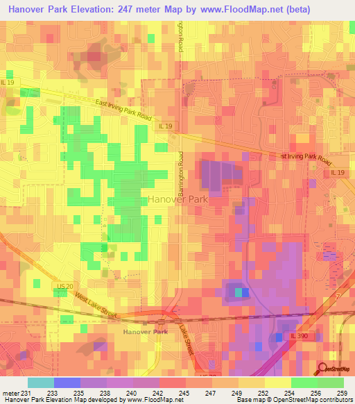 Hanover Park,US Elevation Map