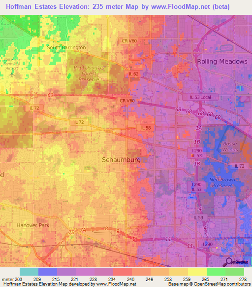 Hoffman Estates,US Elevation Map