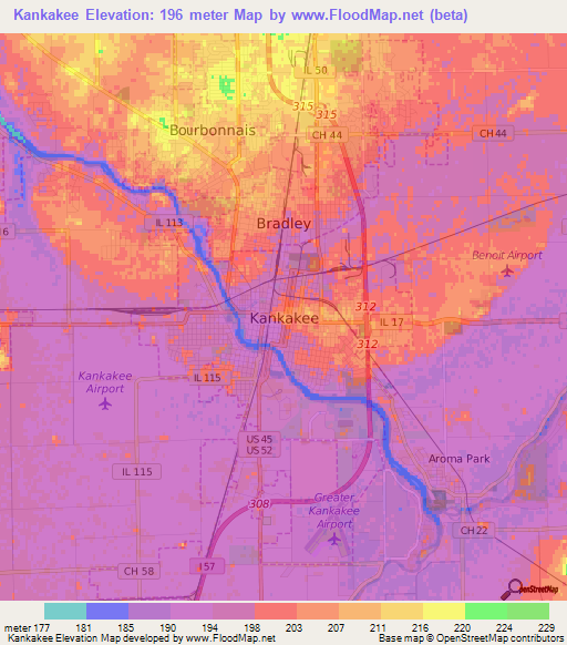 Kankakee,US Elevation Map