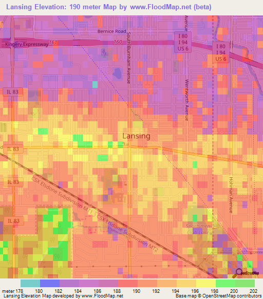 Lansing,US Elevation Map