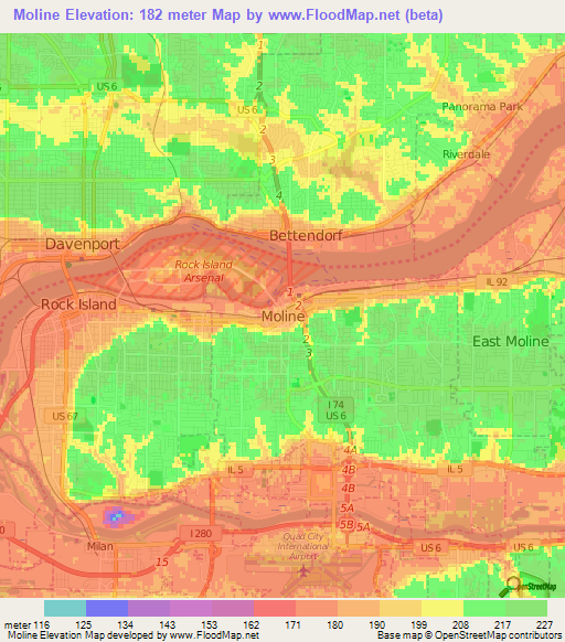 Moline,US Elevation Map