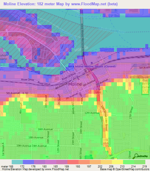 Moline,US Elevation Map