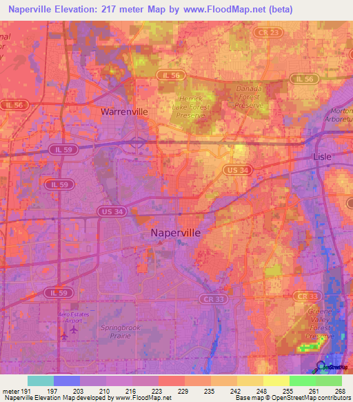 Naperville,US Elevation Map