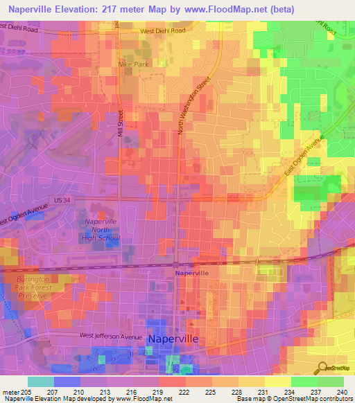 Naperville,US Elevation Map