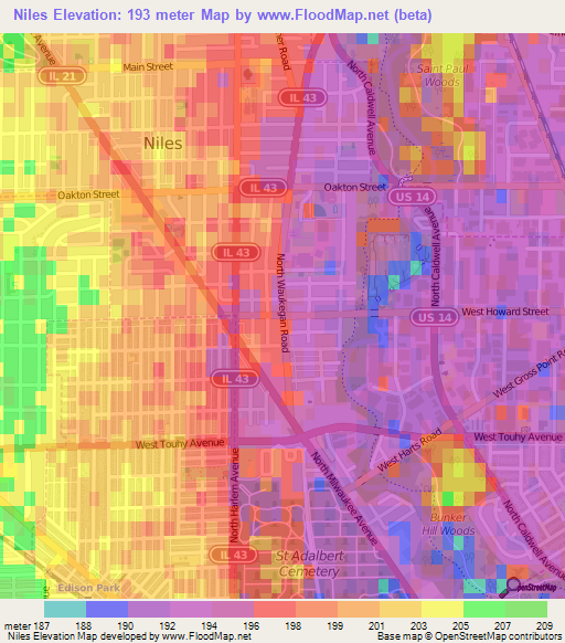 Niles,US Elevation Map