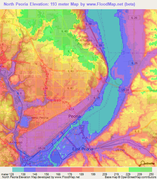 North Peoria,US Elevation Map