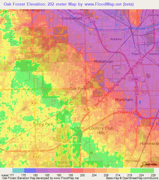 Oak Forest,US Elevation Map