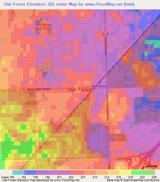 Oak Forest,US Elevation Map