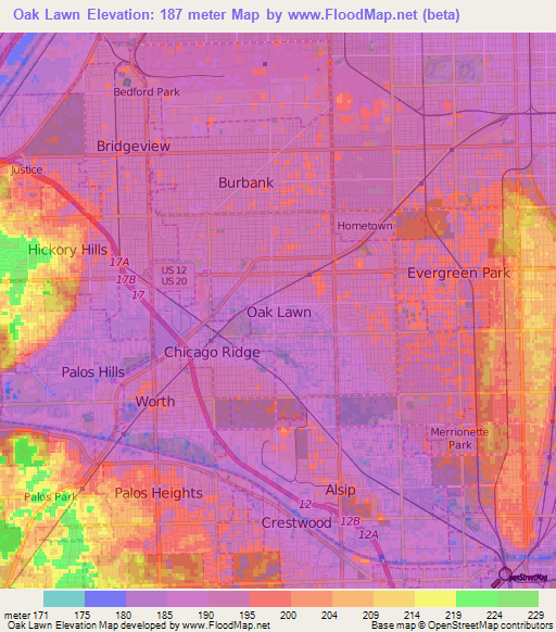 Oak Lawn,US Elevation Map