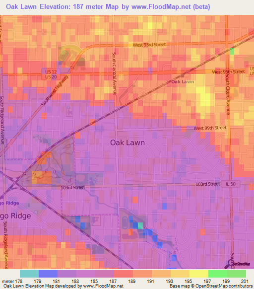 Oak Lawn,US Elevation Map