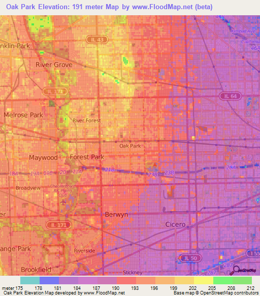 Oak Park,US Elevation Map