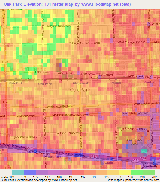 Oak Park,US Elevation Map