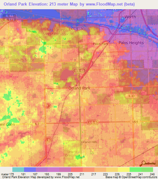 Orland Park,US Elevation Map