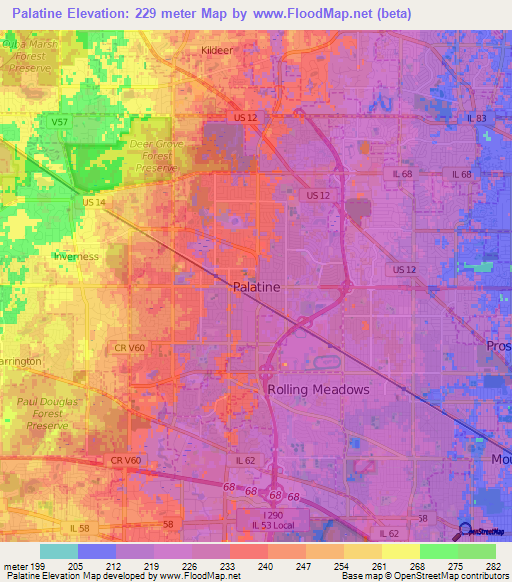 Palatine,US Elevation Map