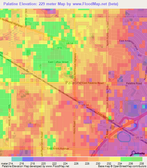 Palatine,US Elevation Map