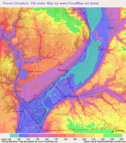 Peoria,US Elevation Map