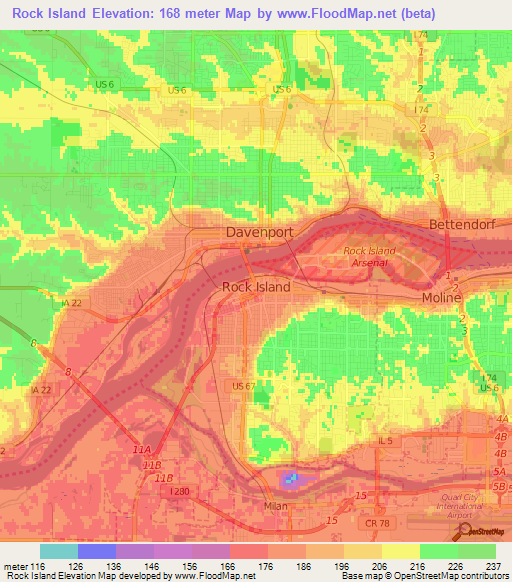 Rock Island,US Elevation Map