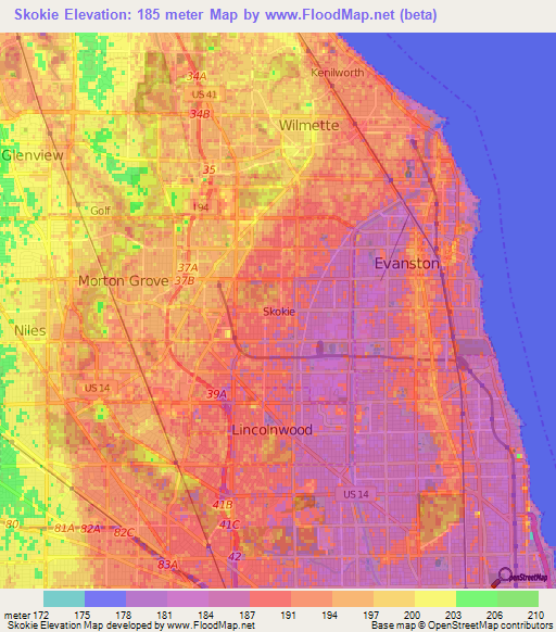 Skokie,US Elevation Map