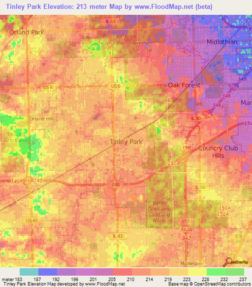 Tinley Park,US Elevation Map