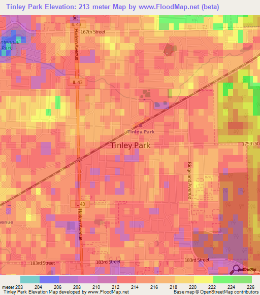 Tinley Park,US Elevation Map