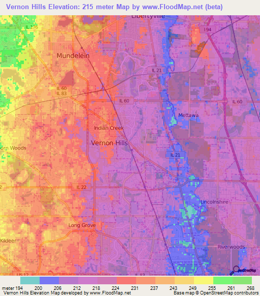 Vernon Hills,US Elevation Map