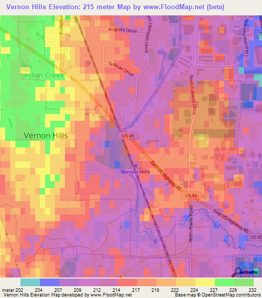 Vernon Hills,US Elevation Map