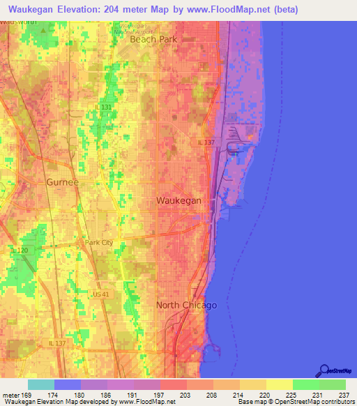 Waukegan,US Elevation Map