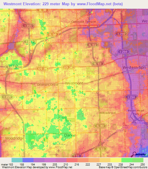 Westmont,US Elevation Map