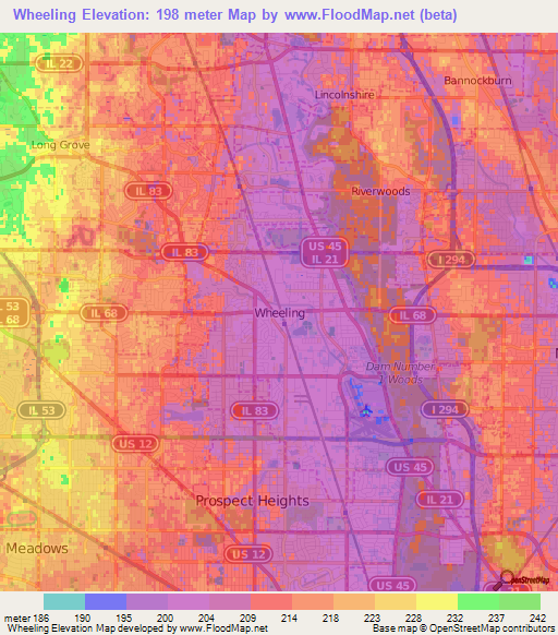 Wheeling,US Elevation Map