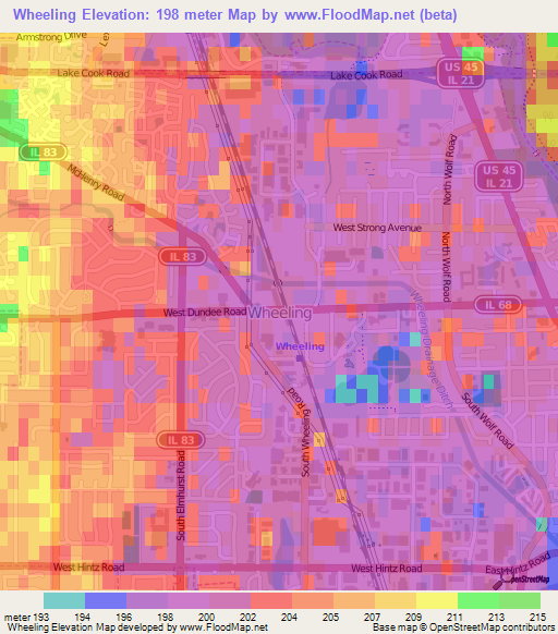 Wheeling,US Elevation Map