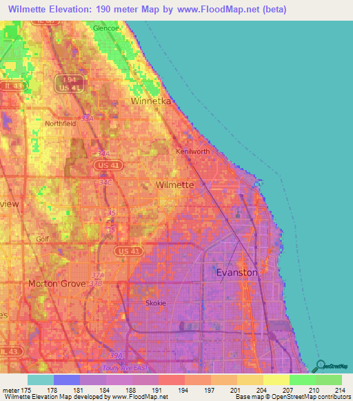 Wilmette,US Elevation Map