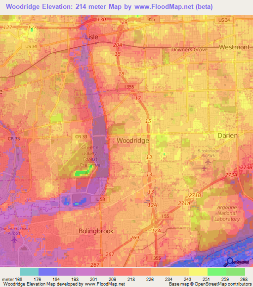 Woodridge,US Elevation Map