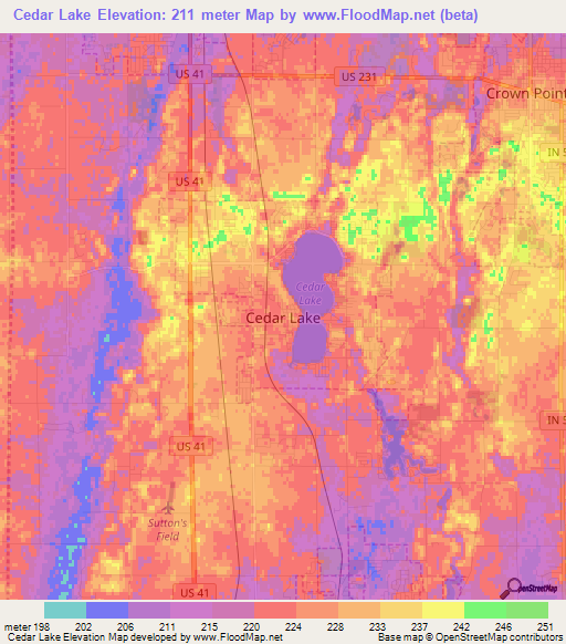 Cedar Lake,US Elevation Map